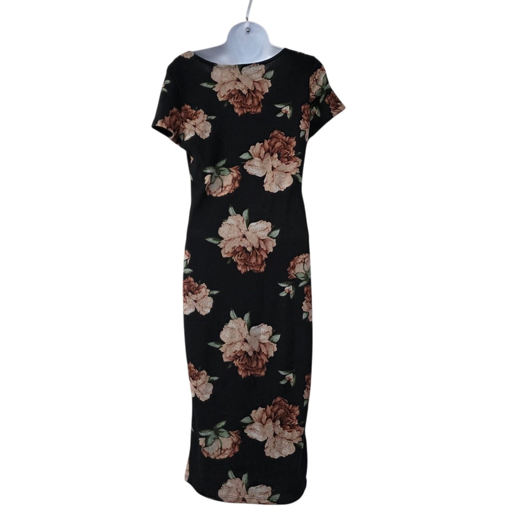 Vibe Sportswear Womens Maxi Dress Brown M Floral Stretch Round‎ Neck Side Slit - Picture 2 of 8